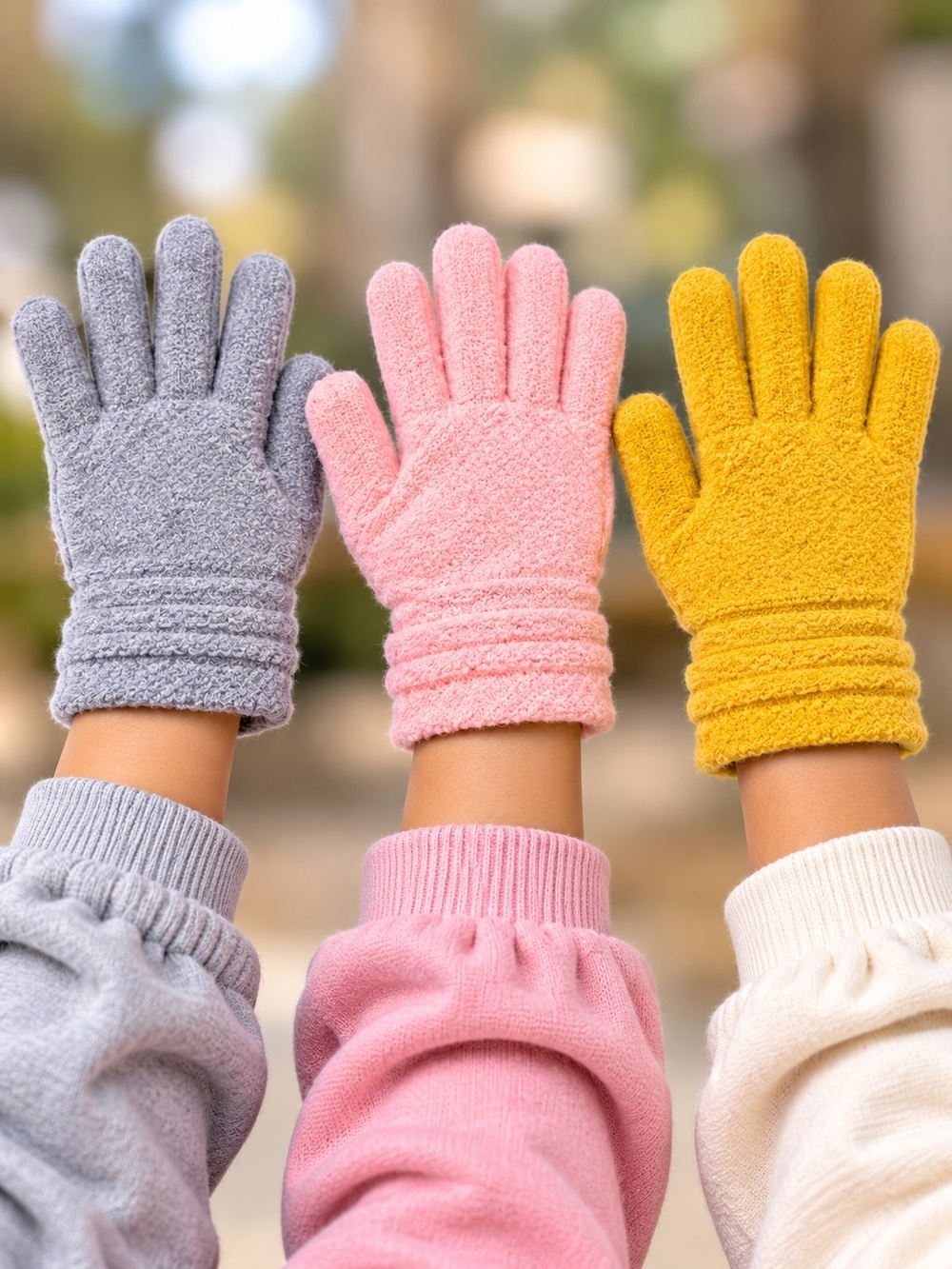Soft Kids Mittens Trio - Pink, Gray & Mustard